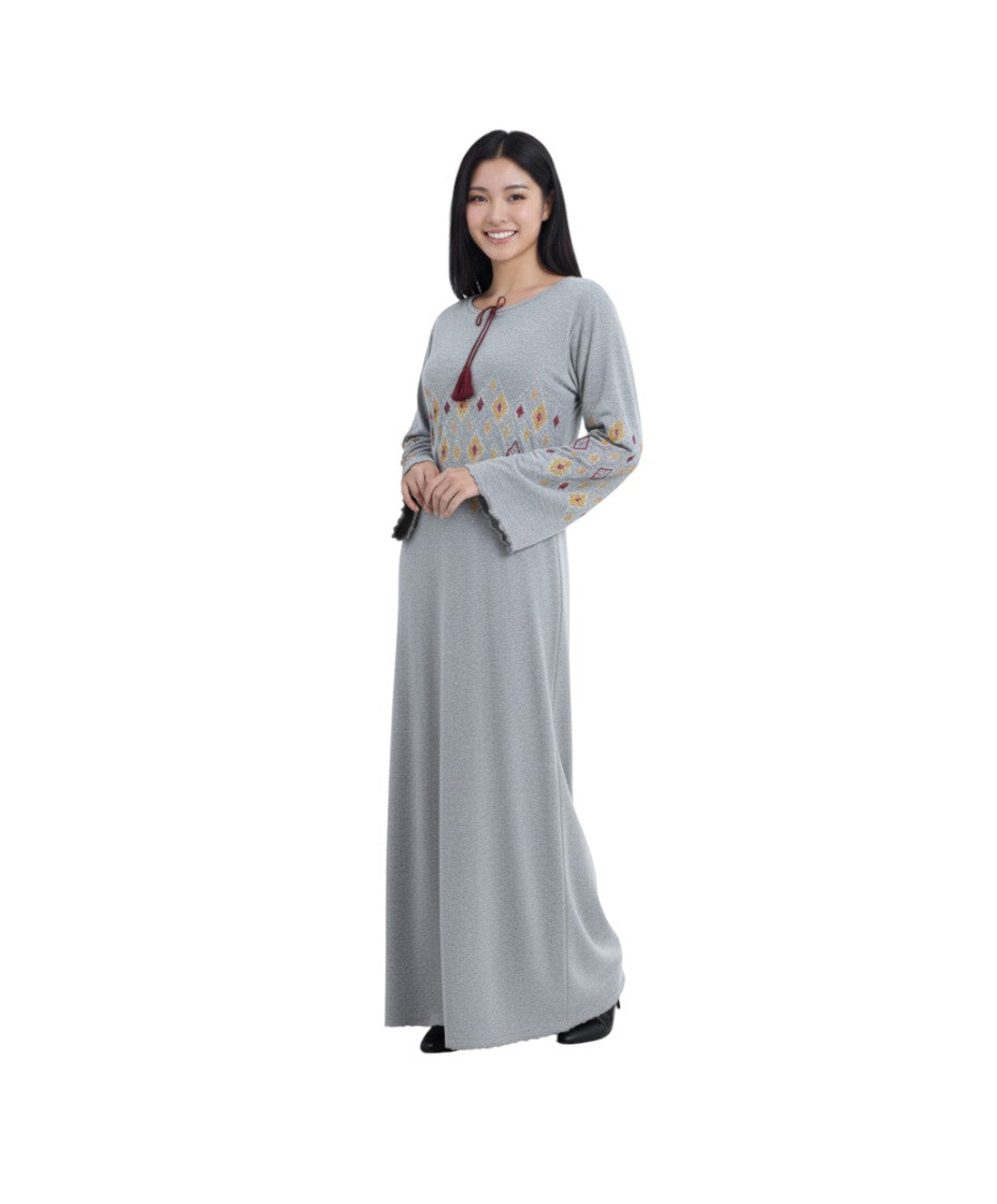 inter Velvet Nightgown Abaya – Soft Embroidered Night Dress with Flared Sleeves