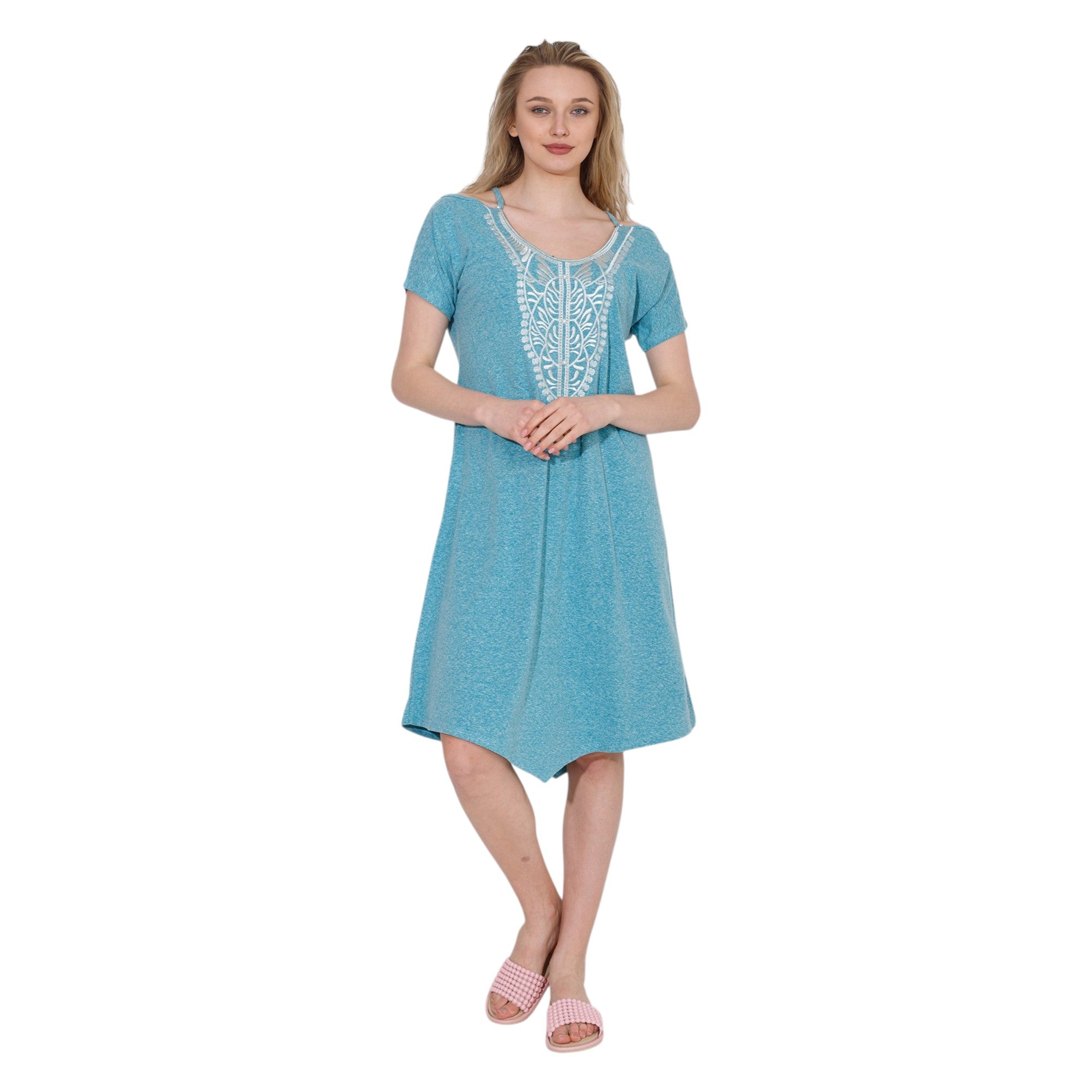 Women's Short Home Dress with Front Embroidery